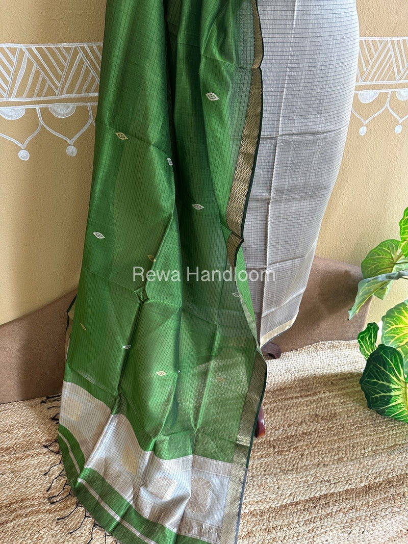 Maheshwari Tussar-Mehendi Green Peacock Buta-Buti Top-Dupatta Set BTP0200