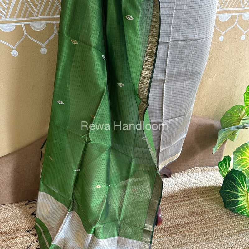 Maheshwari Tussar-Mehendi Green Peacock Buta-Buti Top-Dupatta Set BTP0200