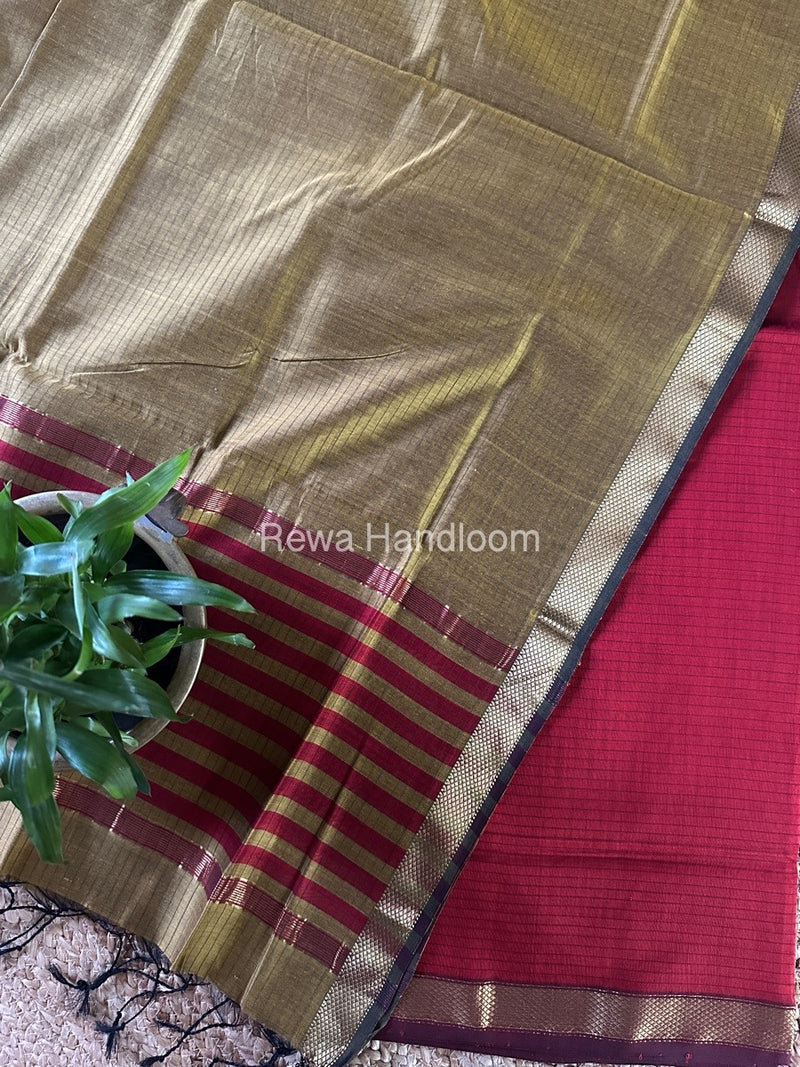 Maheshwari Red-Mustard Yellow Zari Border Dress Material MSBS03