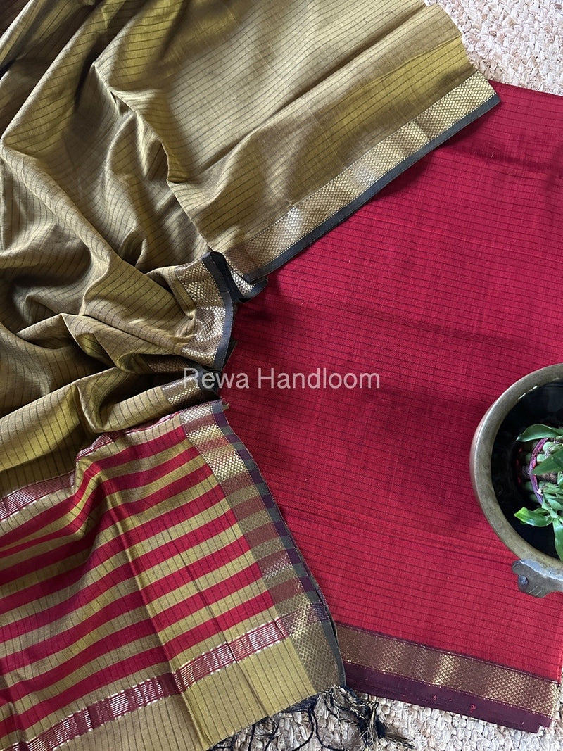 Maheshwari Red-Mustard Yellow Zari Border Dress Material MSBS03