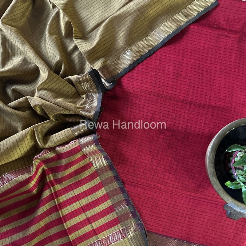 Maheshwari Red-Mustard Yellow Zari Border Dress Material MSBS03