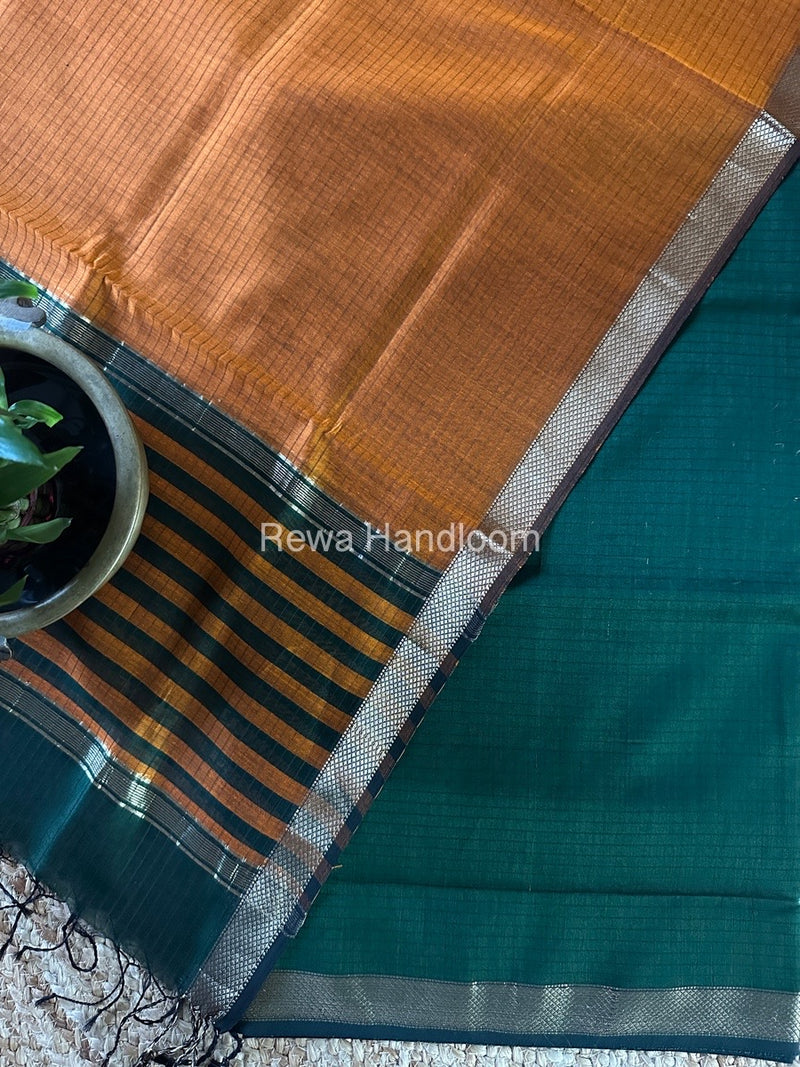 Maheshwari Green-Rust Orange Zari Border Dress Material MSBS05