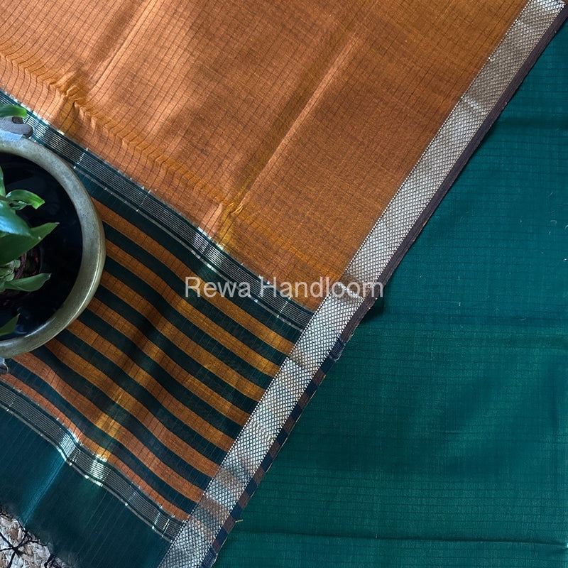 Maheshwari Green-Rust Orange Zari Border Dress Material MSBS05