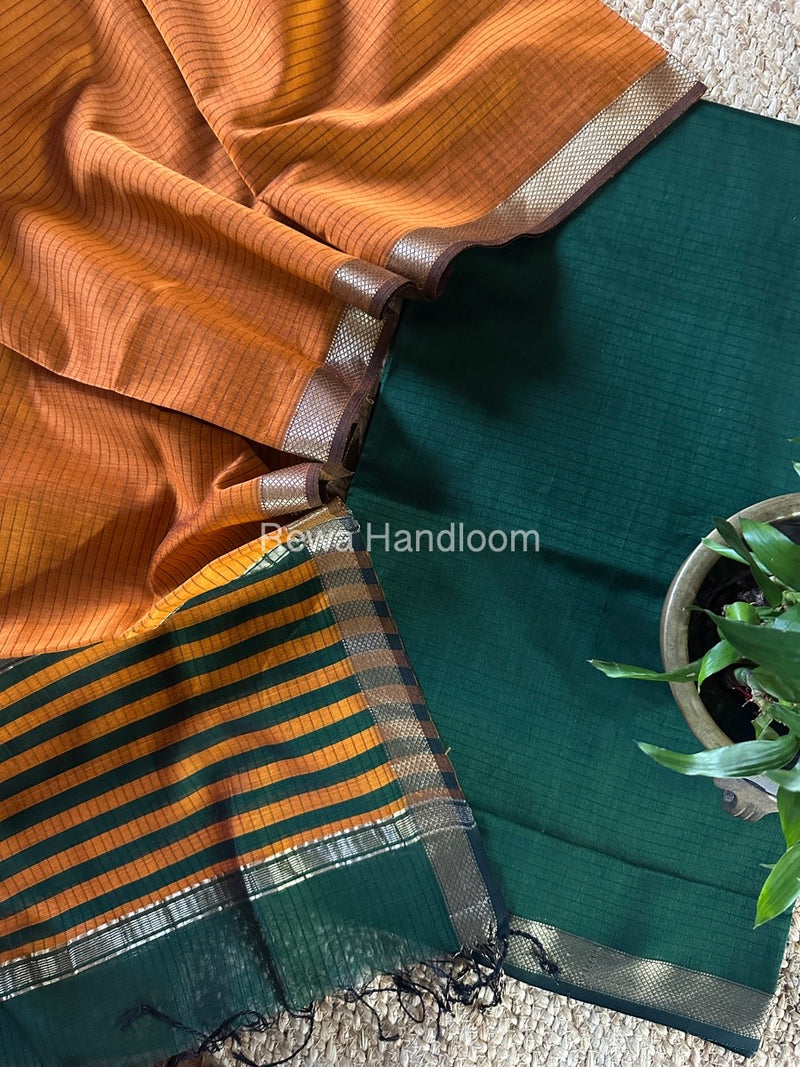 Maheshwari Green-Rust Orange Zari Border Dress Material MSBS05