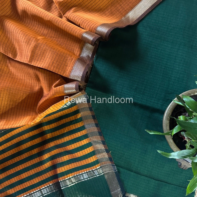 Maheshwari Green-Rust Orange Zari Border Dress Material MSBS05