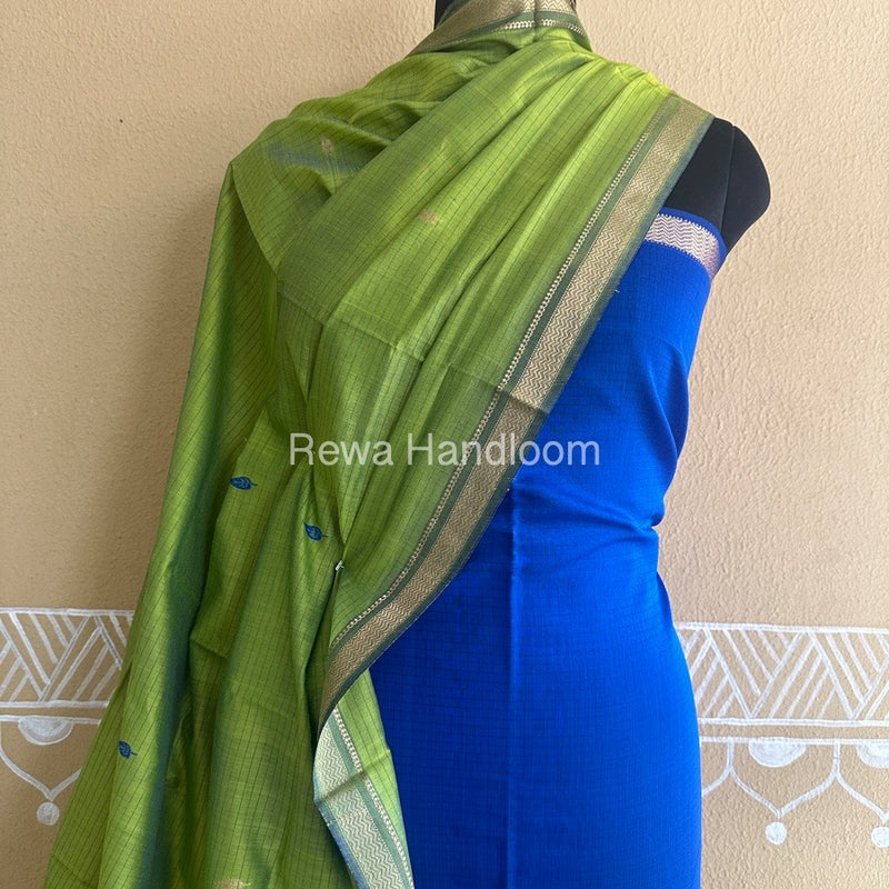 Maheshwari Dark Blue-Parrot Green Peacock Buta-Buti Top-Dupatta Set BTP0225