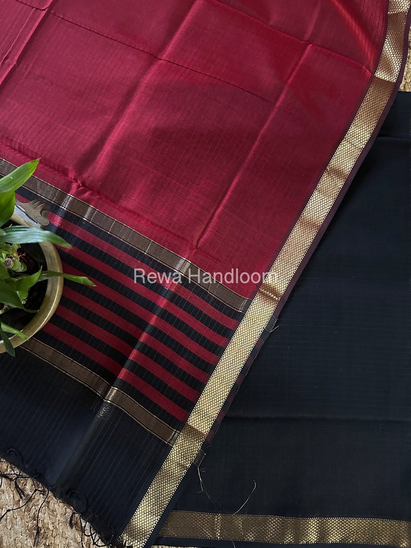 Maheshwari Black-Red Zari Border Dress Material MSBS04