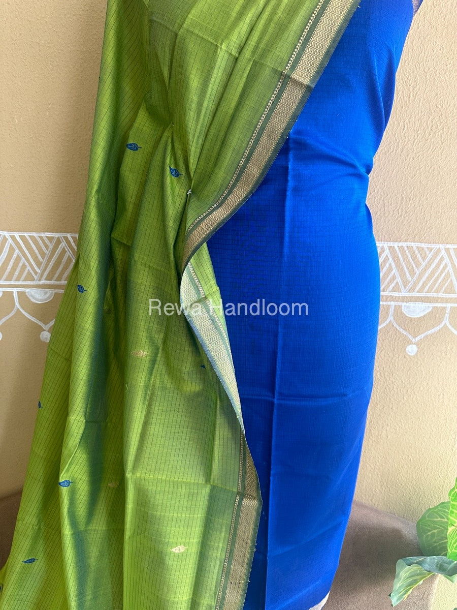 Maheshwari Dark Blue-Parrot Green Peacock Buta-Buti Top-Dupatta Set BTP0225