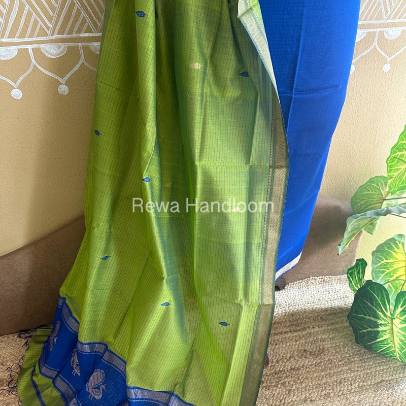 Maheshwari Dark Blue-Parrot Green Peacock Buta-Buti Top-Dupatta Set BTP0225