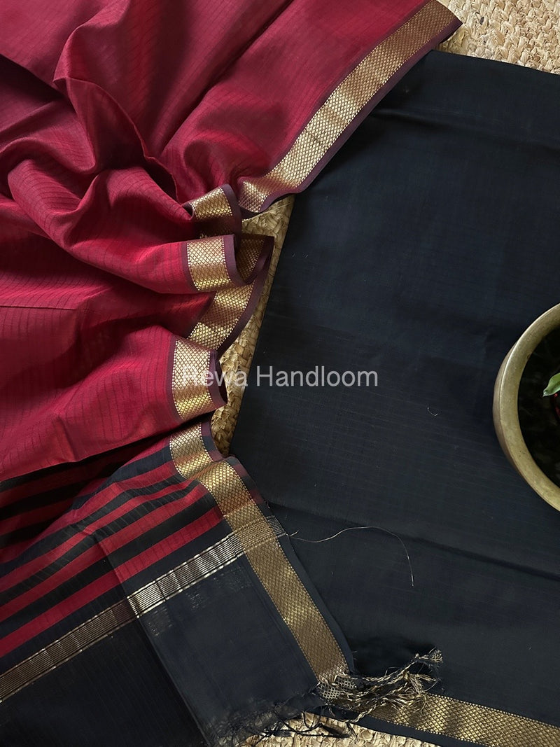 Maheshwari Black-Red Zari Border Dress Material MSBS04