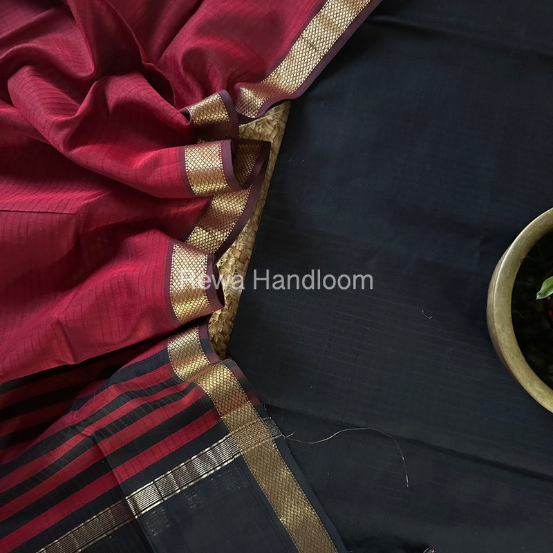 Maheshwari Black-Red Zari Border Dress Material MSBS04