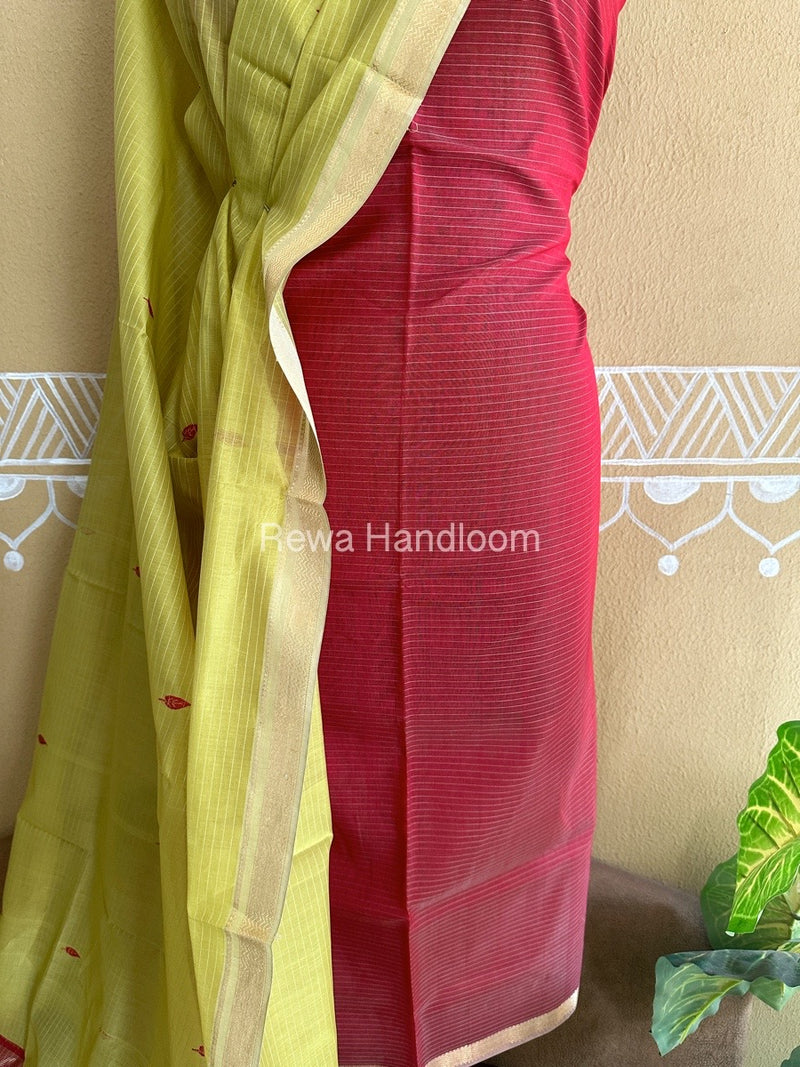 Maheshwari Red-Parrot Green Peacock Buta-Buti Top-Dupatta Set BTP0231