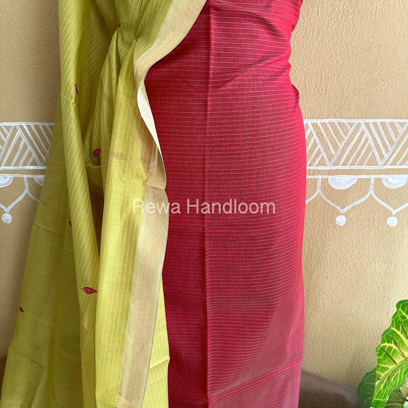 Maheshwari Red-Parrot Green Peacock Buta-Buti Top-Dupatta Set BTP0231