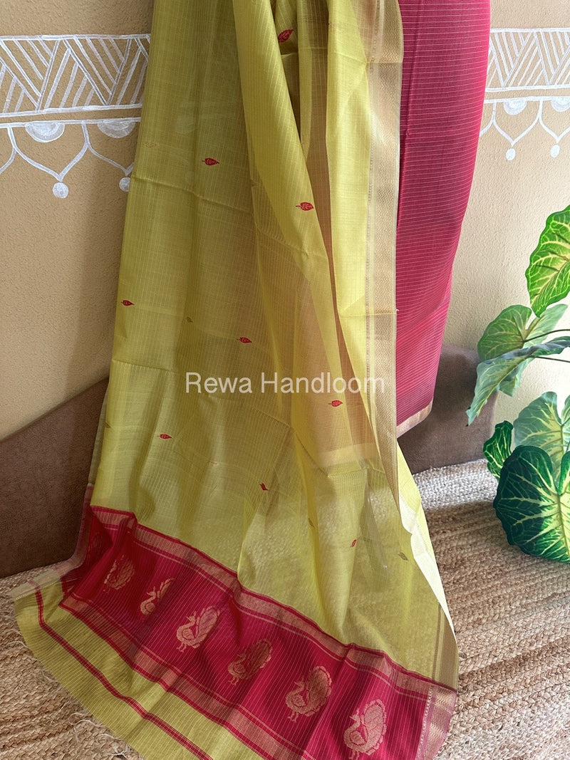 Maheshwari Red-Parrot Green Peacock Buta-Buti Top-Dupatta Set BTP0231