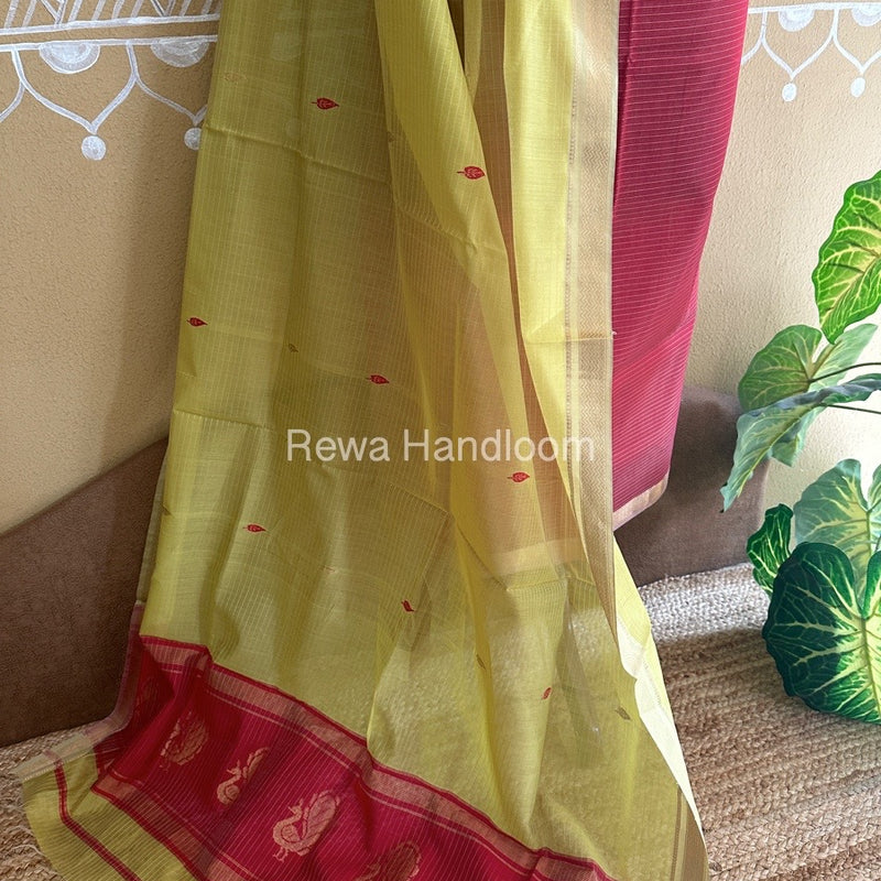 Maheshwari Red-Parrot Green Peacock Buta-Buti Top-Dupatta Set BTP0231