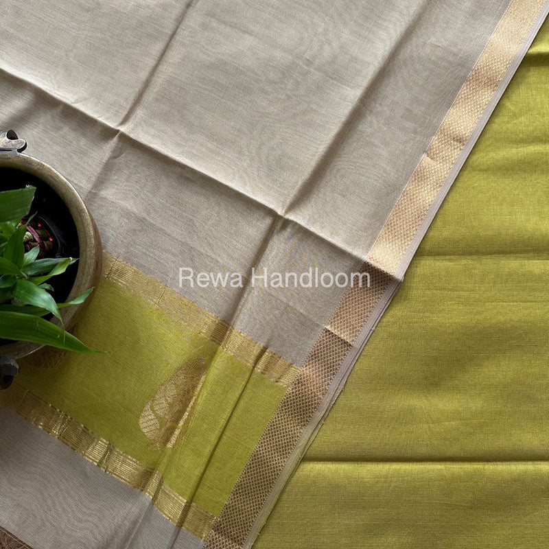 Maheshwari Parrot Green-Beige Tissue Buta Dress Material TPT066