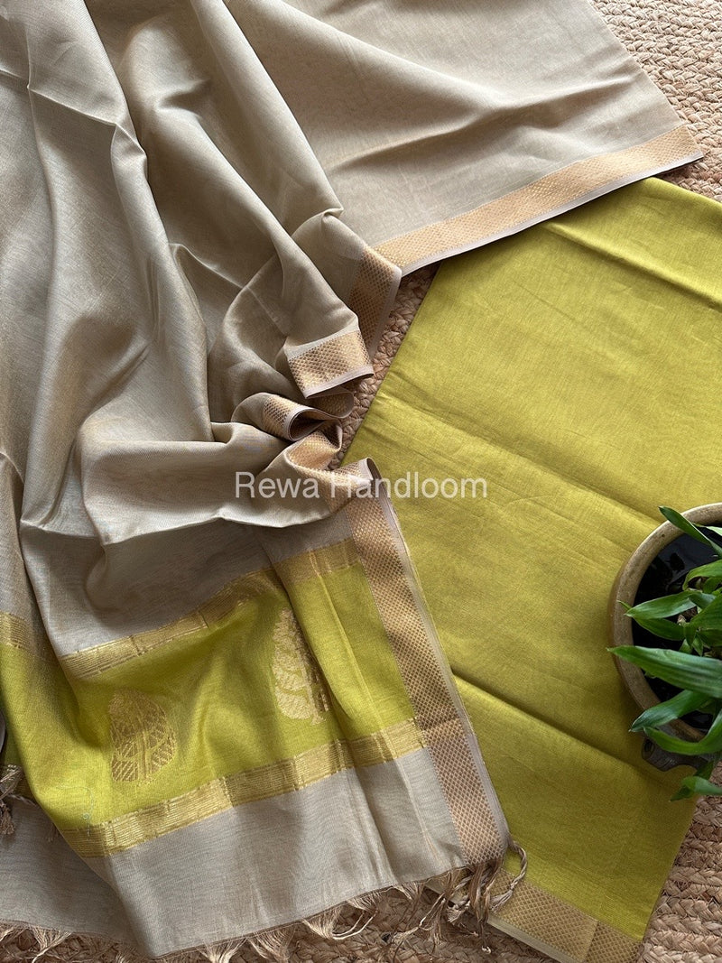 Maheshwari Parrot Green-Beige Tissue Buta Dress Material TPT066