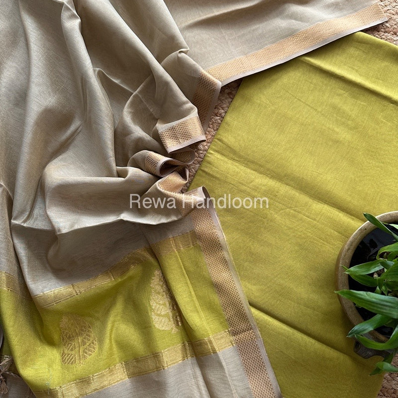 Maheshwari Parrot Green-Beige Tissue Buta Dress Material TPT066