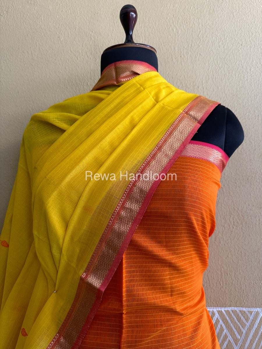 Maheshwari Orange-Turmeric Yellow Peacock Buta-Buti Top-Dupatta Set BTP0258