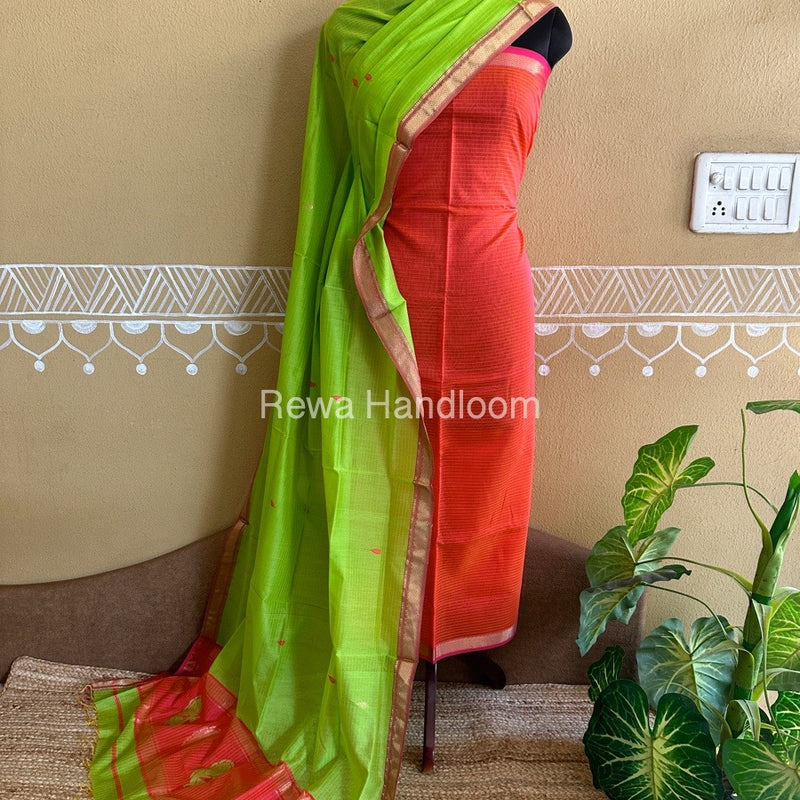 Maheshwari Orange-Parrot Green Peacock Buta-Buti Top-Dupatta Set BTP014
