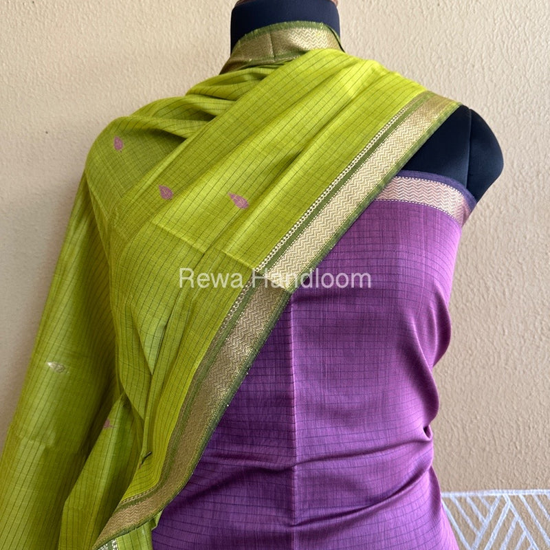 Maheshwari Onion Pink-Yellow Peacock Buta-Buti Top-Dupatta Set BTP0201
