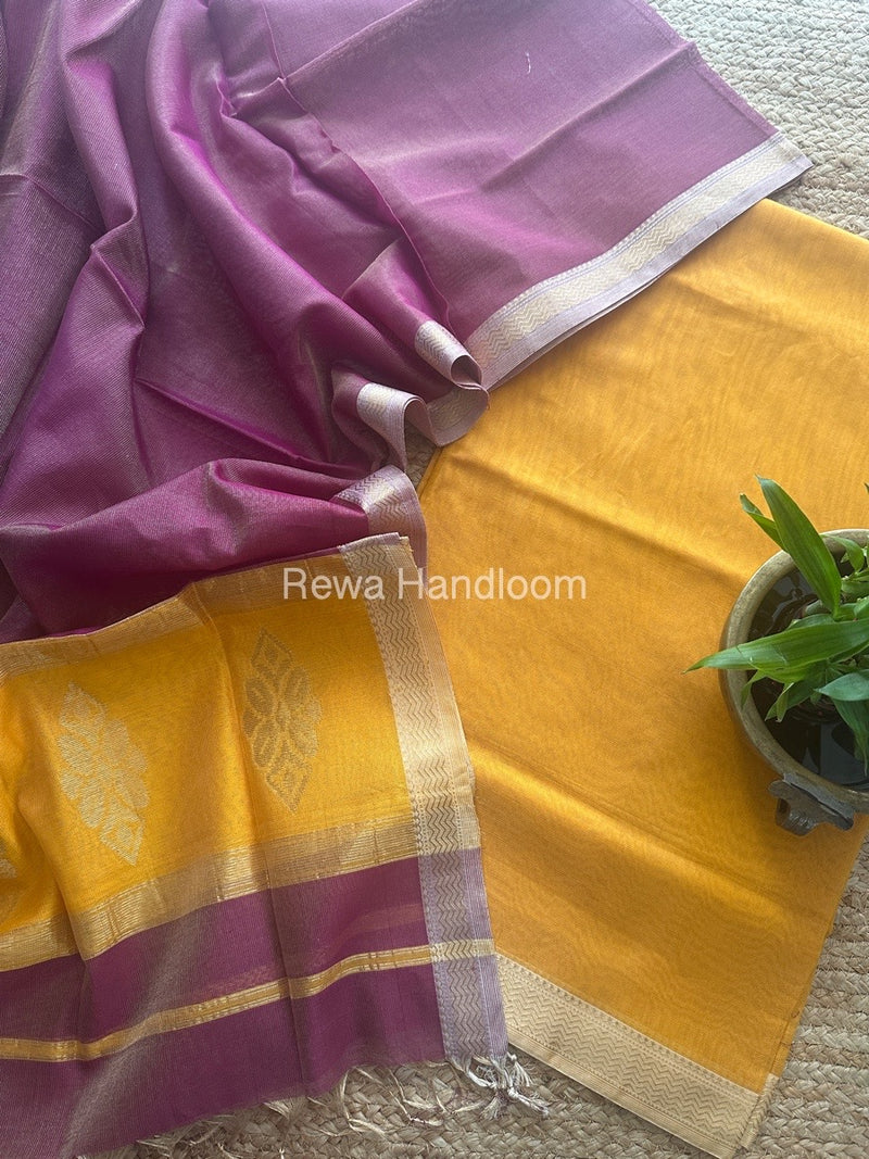 Maheshwari Turmeric Yellow-Magenta Tissue Buta Dress Material TPT069
