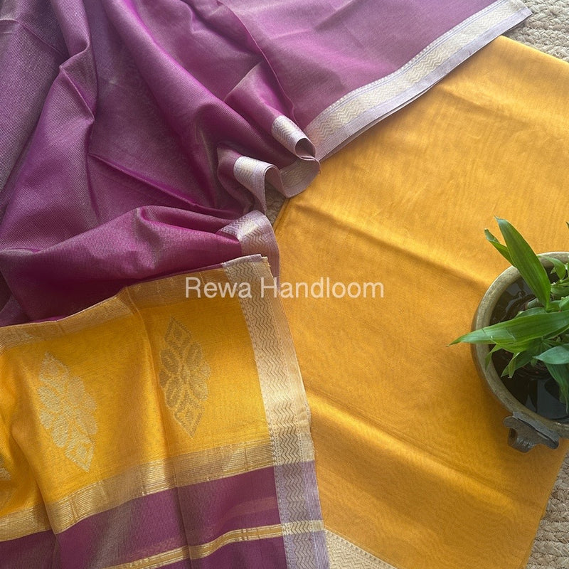 Maheshwari Turmeric Yellow-Magenta Tissue Buta Dress Material TPT069