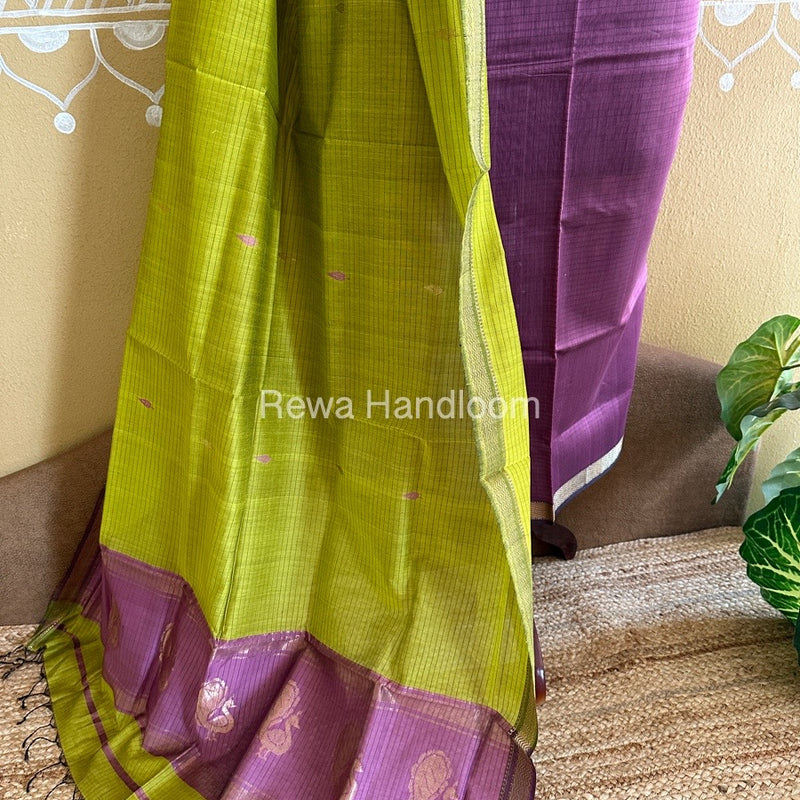 Maheshwari Onion Pink-Yellow Peacock Buta-Buti Top-Dupatta Set BTP0201