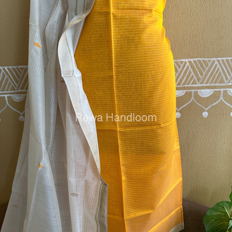 Maheshwari Dark Yellow-White Peacock Buta-Buti Top-Dupatta Set BTP0206