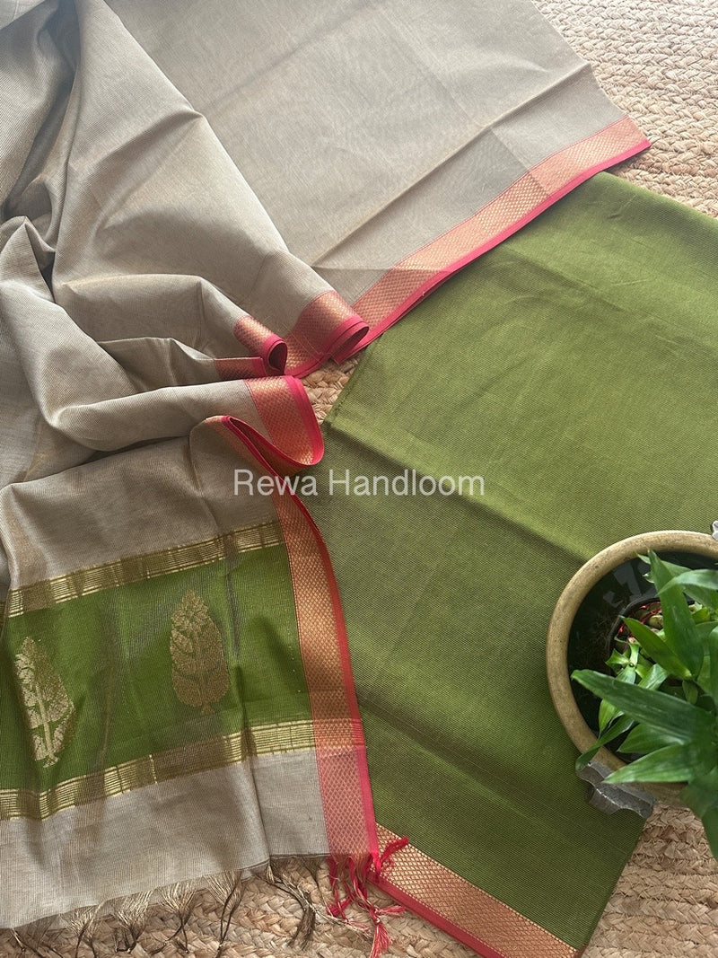 Maheshwari Mehendi Green-Beige Tissue Buta Dress Material TPT067