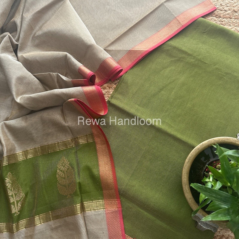 Maheshwari Mehendi Green-Beige Tissue Buta Dress Material TPT067