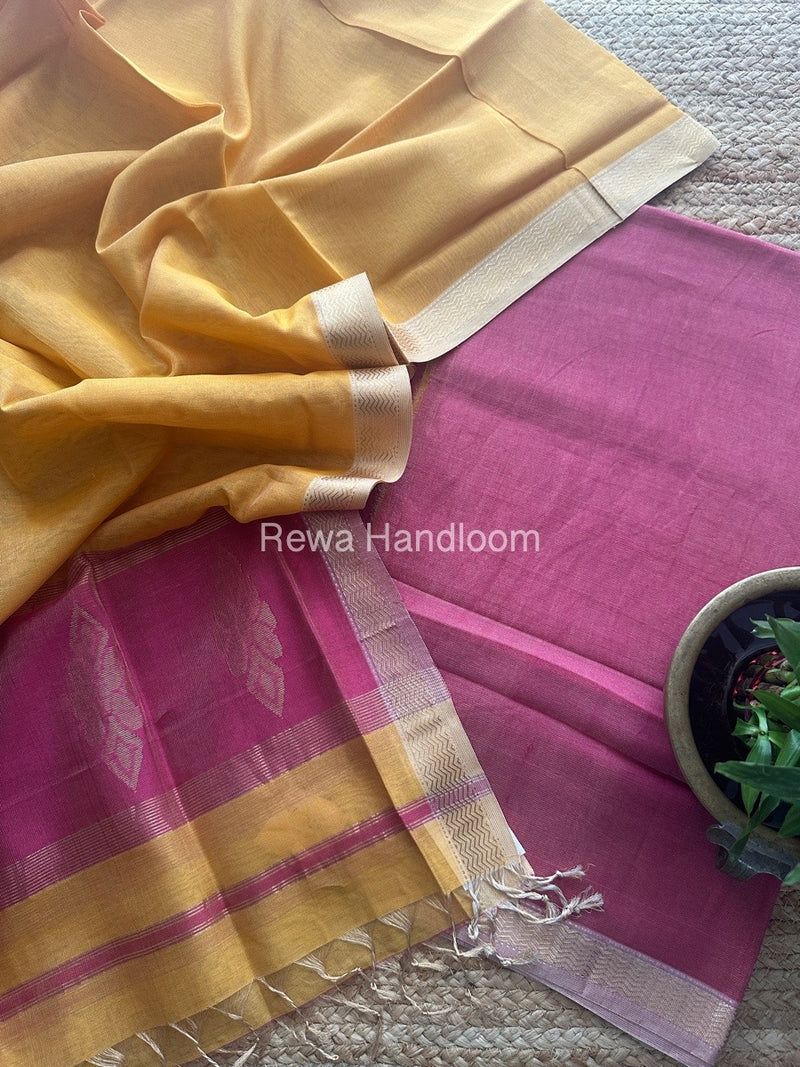 Maheshwari Pink-Golden Yellow Tissue Buta Dress Material TPT019