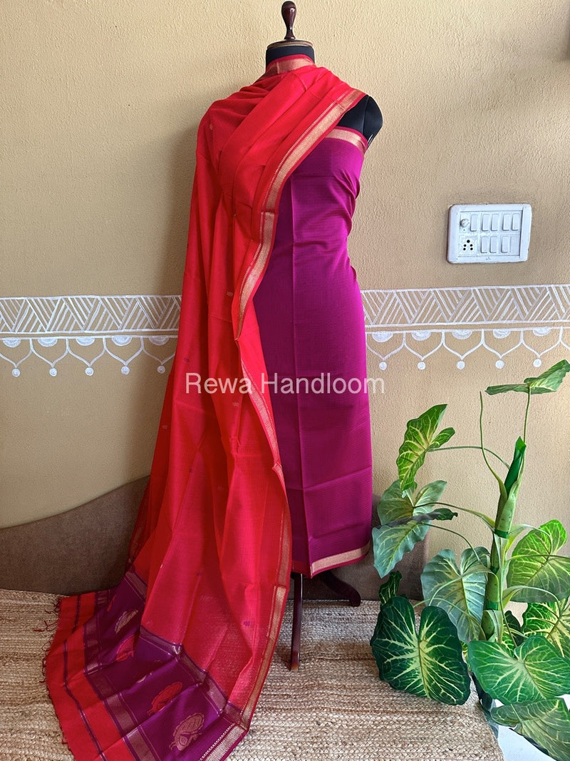 Maheshwari Magenta-Red Peacock Buta-Buti Top-Dupatta Set BTP013