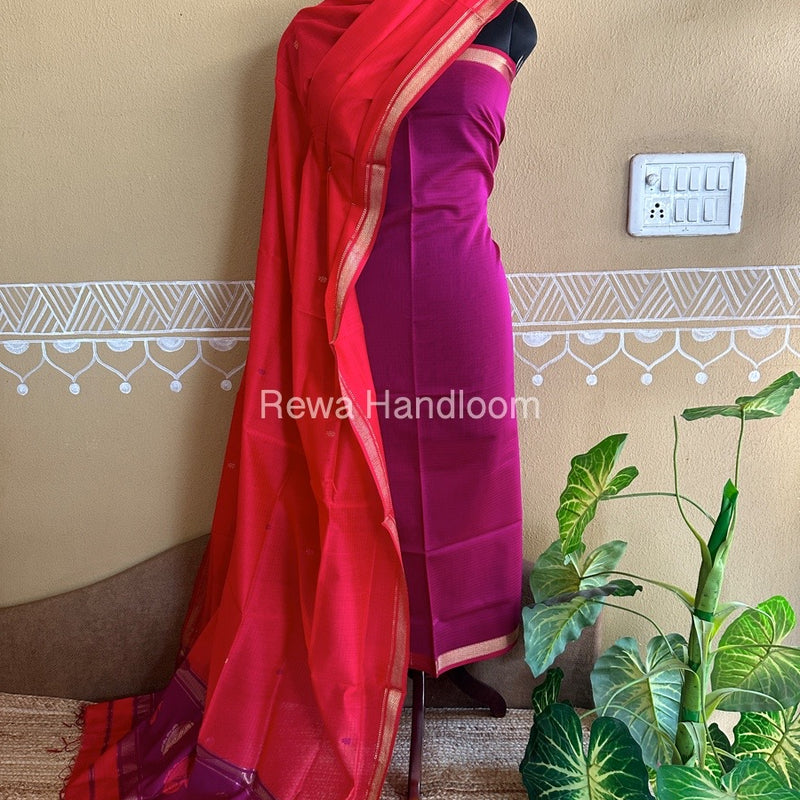 Maheshwari Magenta-Red Peacock Buta-Buti Top-Dupatta Set BTP013