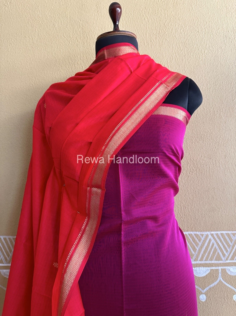 Maheshwari Magenta-Red Peacock Buta-Buti Top-Dupatta Set BTP013