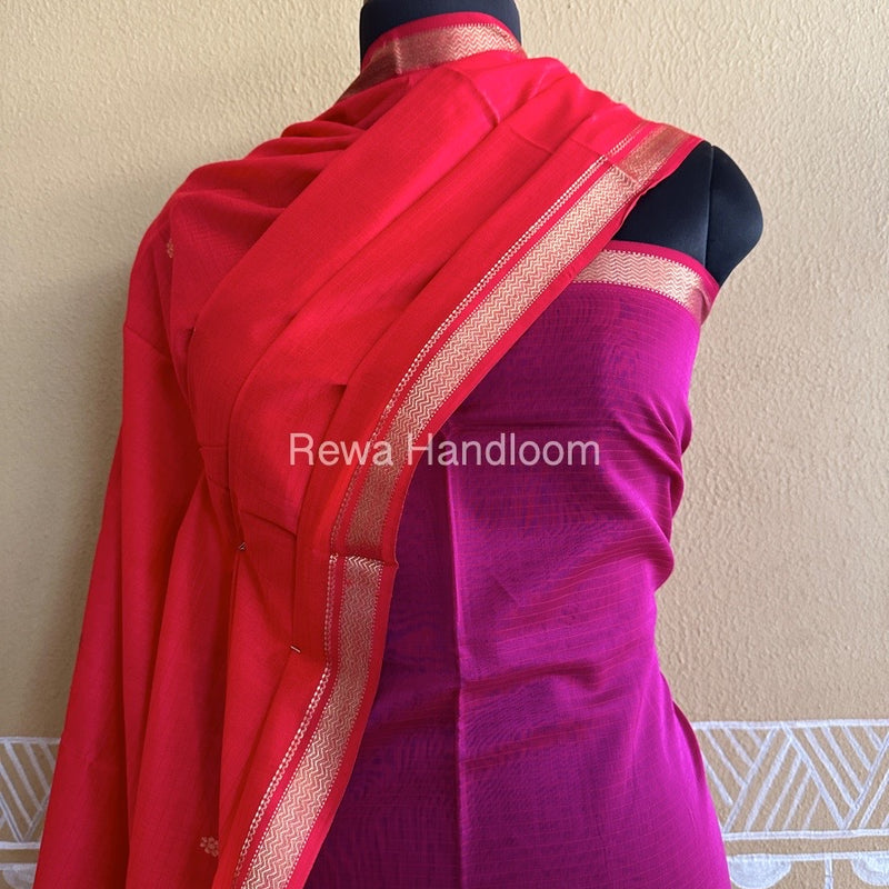 Maheshwari Magenta-Red Peacock Buta-Buti Top-Dupatta Set BTP013