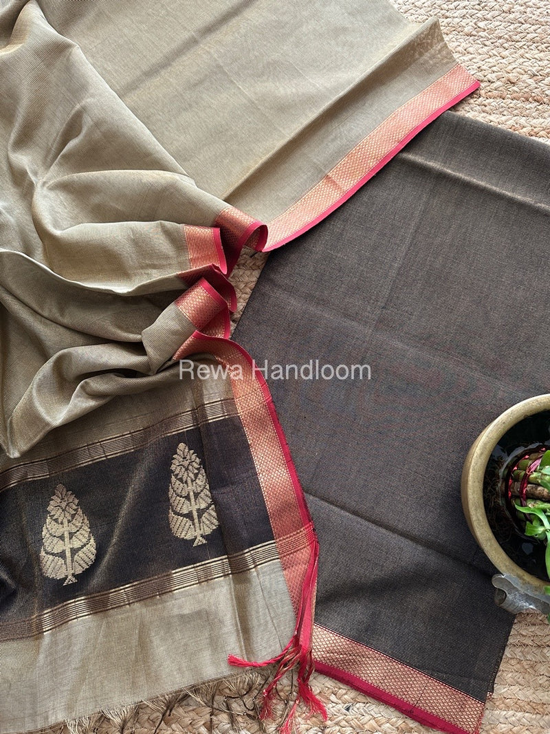 Maheshwari Black-Beige Tissue Butta Dress Material TPT074