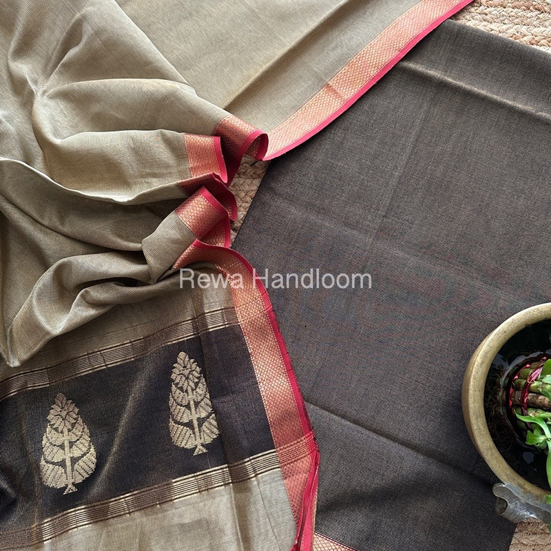 Maheshwari Black-Beige Tissue Butta Dress Material TPT074