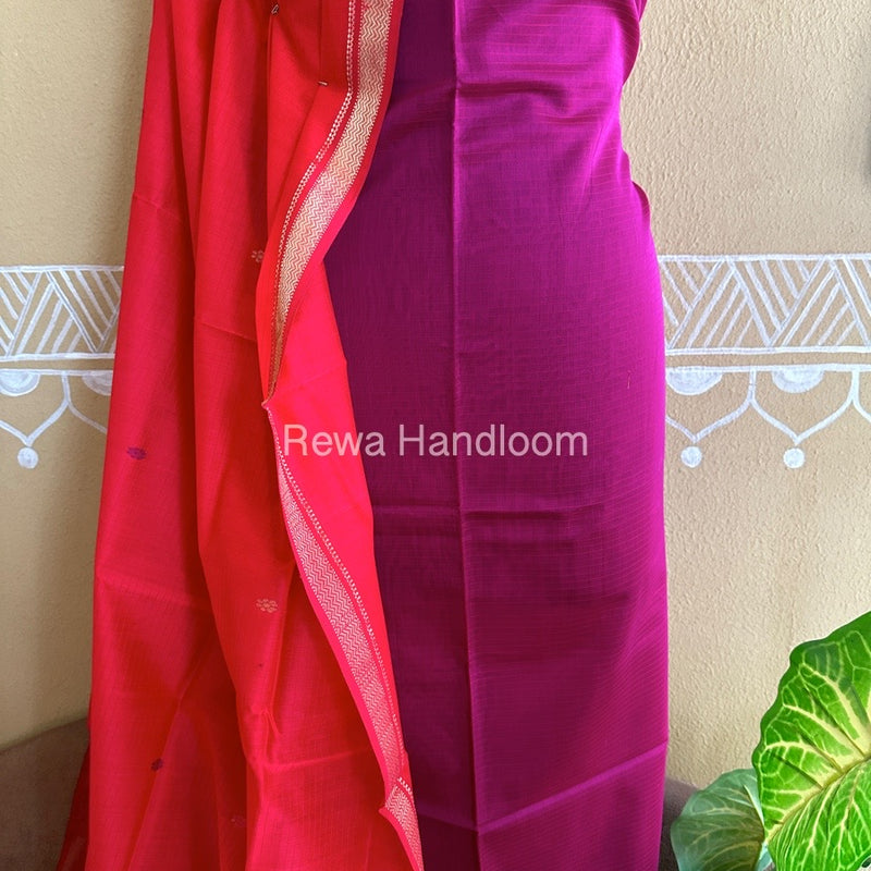 Maheshwari Magenta-Red Peacock Buta-Buti Top-Dupatta Set BTP013