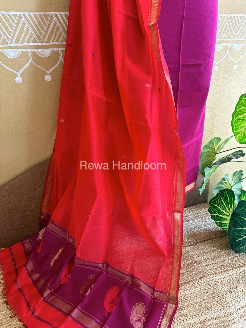 Maheshwari Magenta-Red Peacock Buta-Buti Top-Dupatta Set BTP013