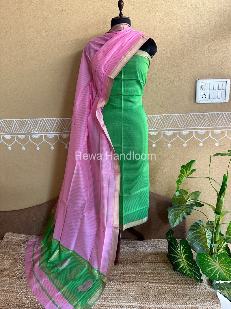 Maheshwari Parrot Green-Pink Peacock Buta-Buti Top-Dupatta Set BTP034