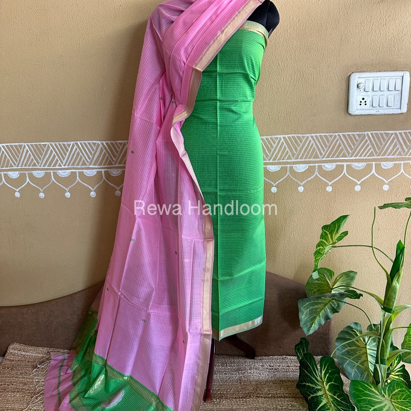 Maheshwari Parrot Green-Pink Peacock Buta-Buti Top-Dupatta Set BTP034