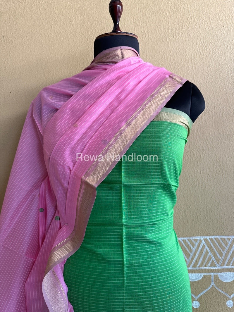 Maheshwari Parrot Green-Pink Peacock Buta-Buti Top-Dupatta Set BTP034