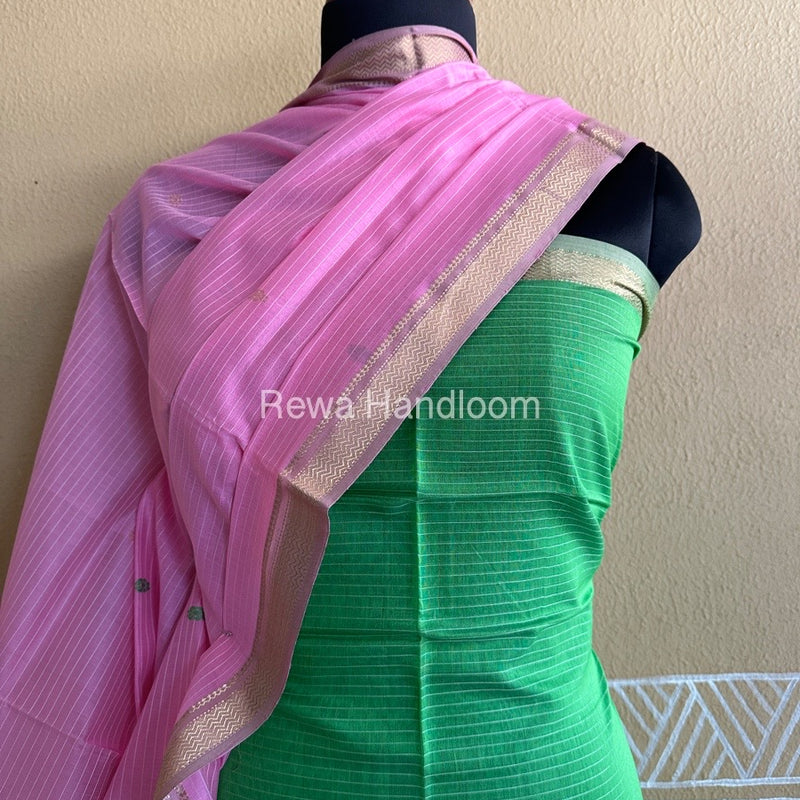 Maheshwari Parrot Green-Pink Peacock Buta-Buti Top-Dupatta Set BTP034