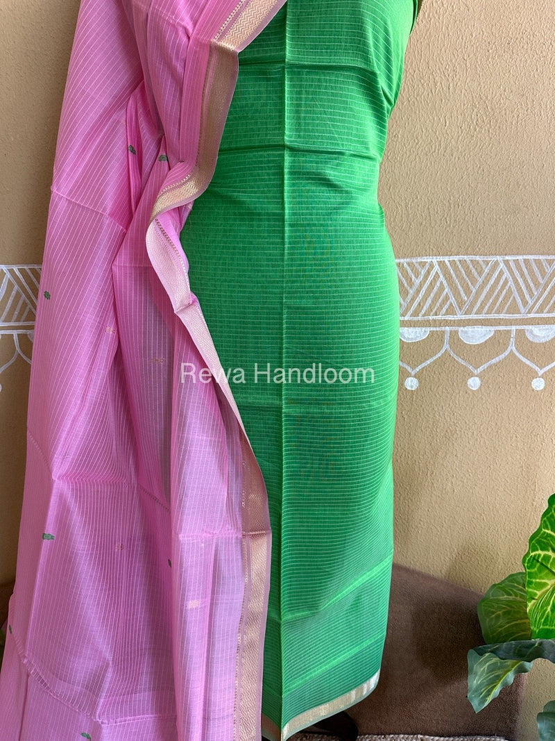 Maheshwari Parrot Green-Pink Peacock Buta-Buti Top-Dupatta Set BTP034