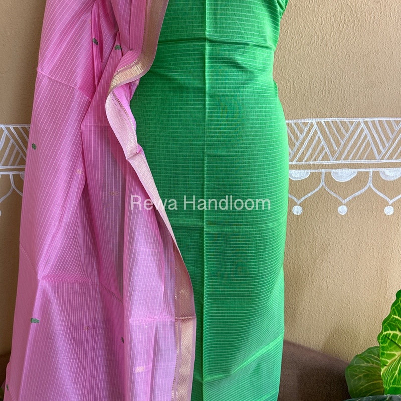 Maheshwari Parrot Green-Pink Peacock Buta-Buti Top-Dupatta Set BTP034