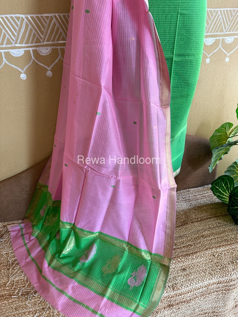 Maheshwari Parrot Green-Pink Peacock Buta-Buti Top-Dupatta Set BTP034