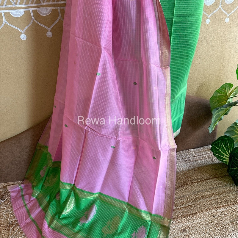 Maheshwari Parrot Green-Pink Peacock Buta-Buti Top-Dupatta Set BTP034