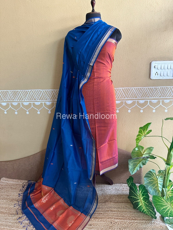 Maheshwari Rust Orange-Rama Blue Peacock Buta-Buti Top-Dupatta Set BTP0251