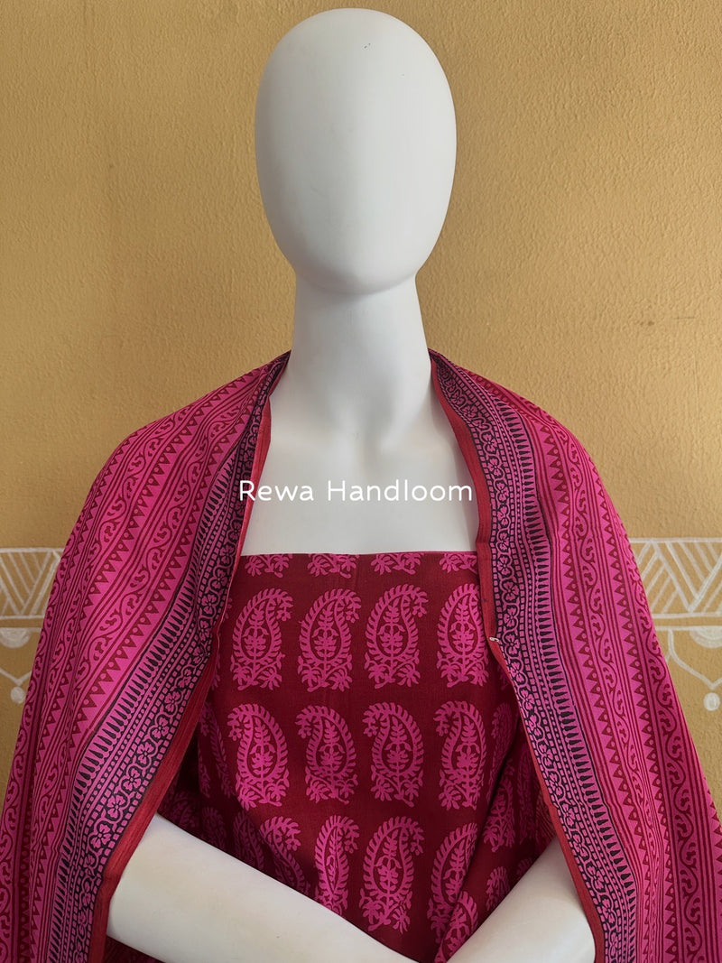 Maroon-Fuchsia Pink Bagh Print Cotton Suit BGCSJ0100